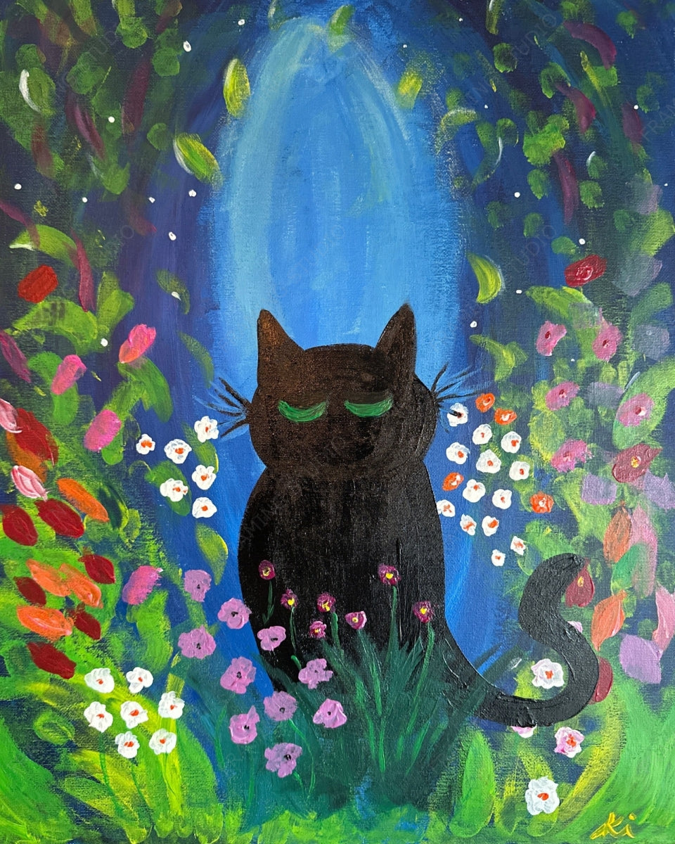 Silhouette of Meredith in a moonlit garden