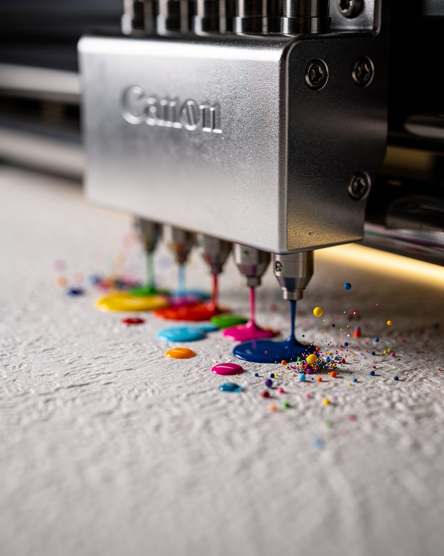 Macro view of 12-color Lucia Pro pigment ink being applied to archival cotton paper at Abbot Art