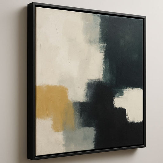 Detail of a canvas painting installed in a custom wood floater frame showing the reveal gap