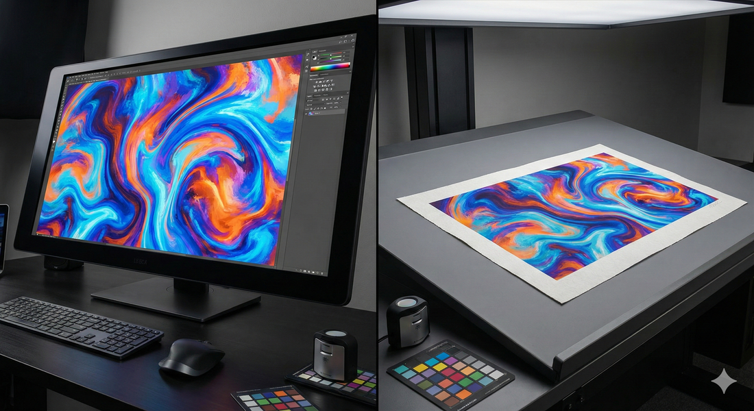 Side-by-side comparison of a calibrated monitor display and a final color-matched giclee print.