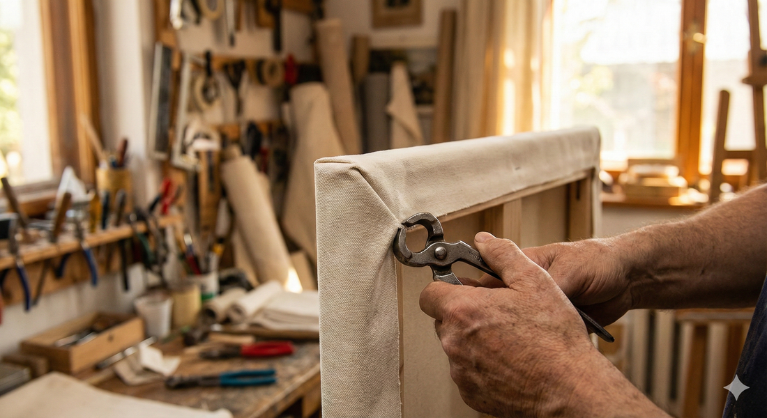 Abbot Art specialist hand-stretching a canvas print using pliers for a tight gallery wrap.