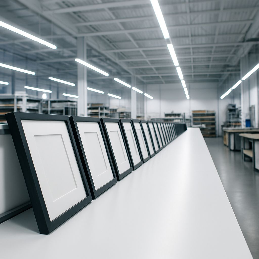 Inside a workshop, a custom wooden shipping crate open to reveal a framed painting secured with foam lining and shock sensors, professional packaging tools nearby
