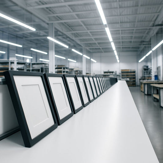 Inside a workshop, a custom wooden shipping crate open to reveal a framed painting secured with foam lining and shock sensors, professional packaging tools nearby